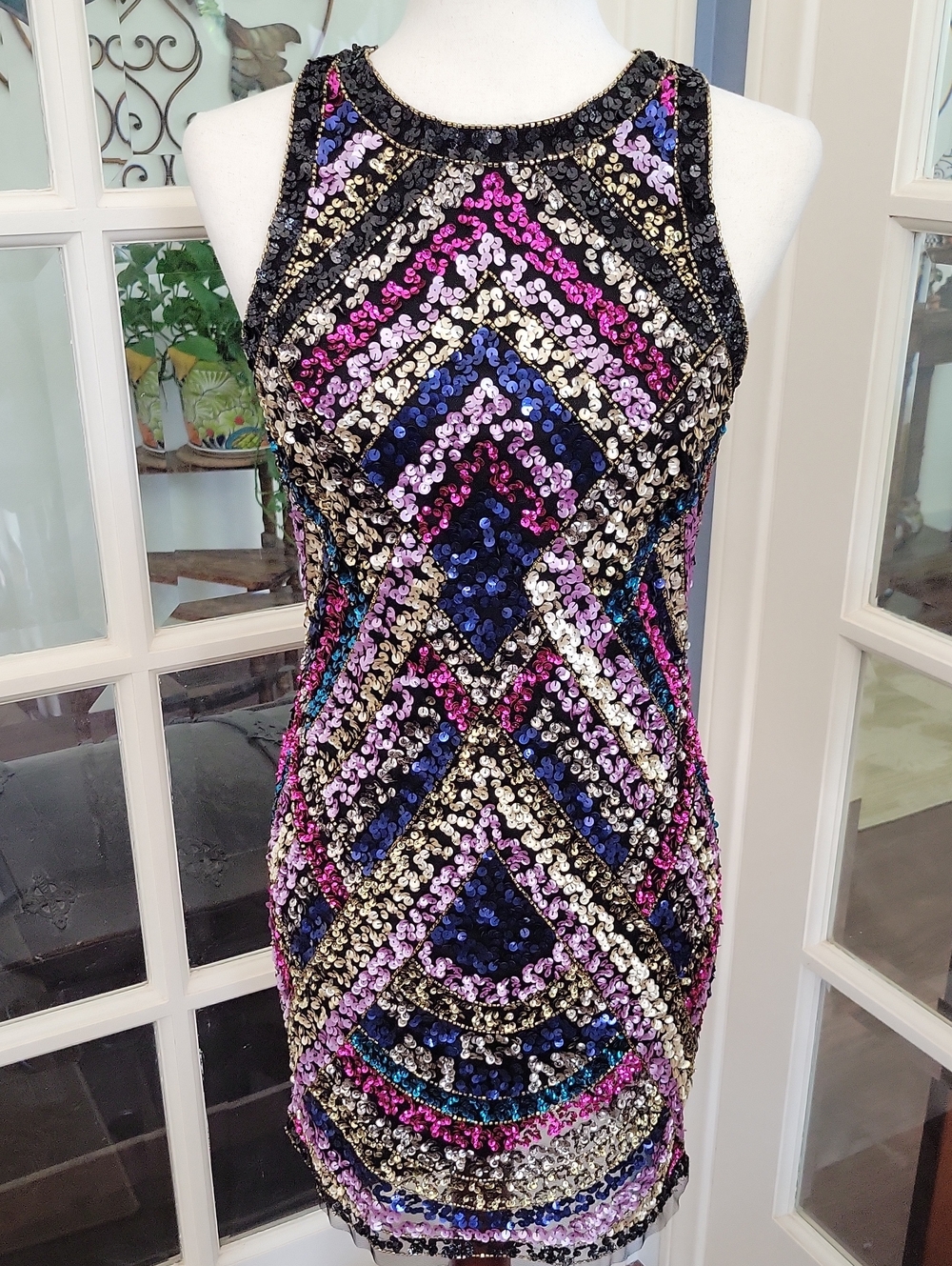 AIDAN MATTOX Multicolor Sequin Chevron Mini Dress | Size: 4